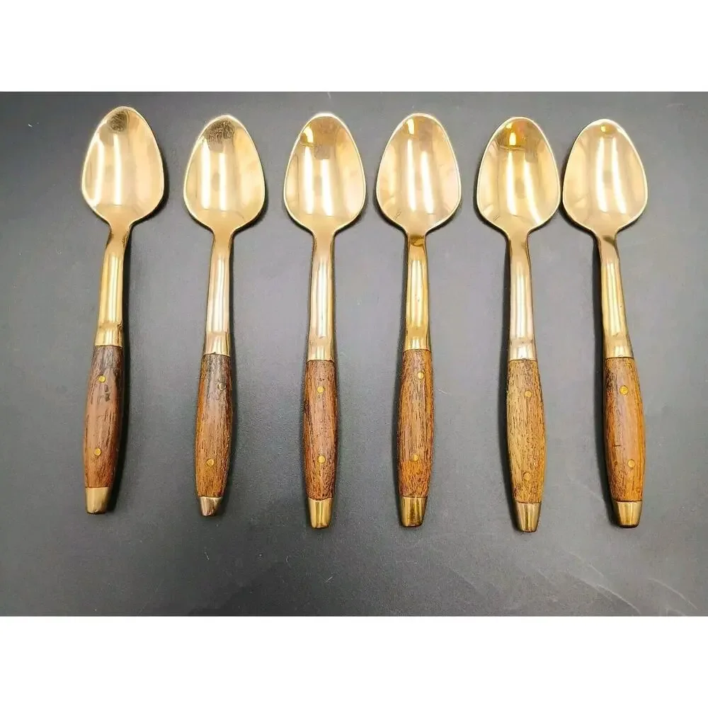 Antique Rosewood Bronze and Wood Set of 6 Small Spoon Thailand Rare